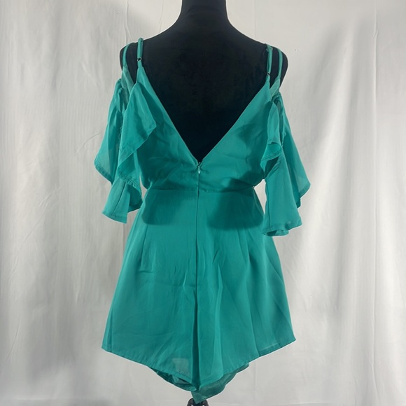 Teal Wrap Romper, open shoulder,ruffle, shorts,side tie, skorts,large - Picture 6 of 13